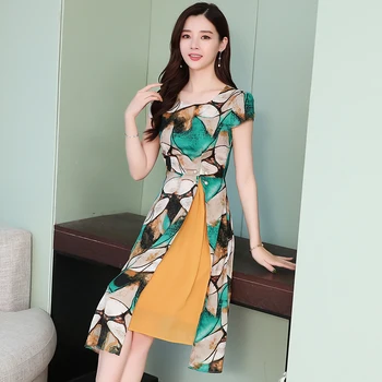 Korejski Moda Šifon Ženske obleke Ženska Visoko Pasu Tiskanja Obleke, Elegantne Ženske Mozaik Midi Obleko Plus Velikost OL Cvetlični Obleke