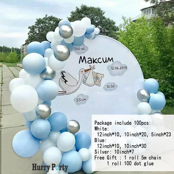 100 kozarcev Modra Bela Macaron Balon Garland Arch Kit Kovinsko Srebro Baloni Za Otroka 1. Happy Birthday Party Supplies