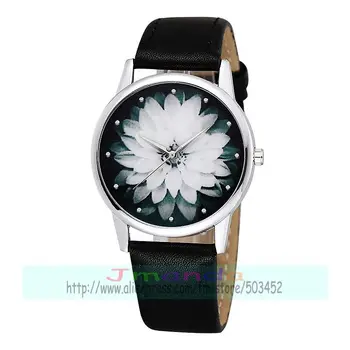100 kozarcev/veliko modni črno beli cvet, usnje watch srebro primeru priložnostne watch quartz ročno uro na debelo gospo cvet watch