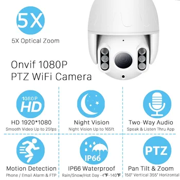 1080P MINI PTZ WIFI IP Kamera 1080P 5X ZOOM Zunanja, Dome, Brezžična Onvif IP Fotoaparat 2.0 MP IR Nočno Vizijo 50m Home Security Kamera