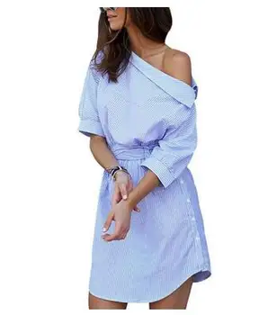 1pcs/veliko boemski stil Poletje Žensk je Ena Ramenski Modro Črtasto Ženske obleke ženska prugasta poletje pol rokav obleka
