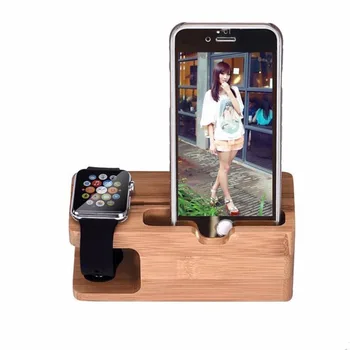 2-v-1 Pravega Bambusa, lesa Namizno Stojalo za iPad Tablični Nosilec Razširitvene Držalo, Polnilnik za Polnjenje iPhone Dock za Apple ura