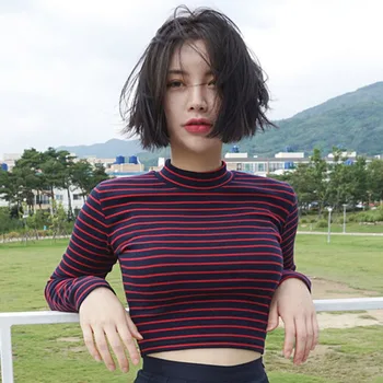 2018 korejskem Slogu Dolg Rokav T Srajce Ženska Moda Harajuku Prugasta Slim Obrezana Vrhu T-shirt