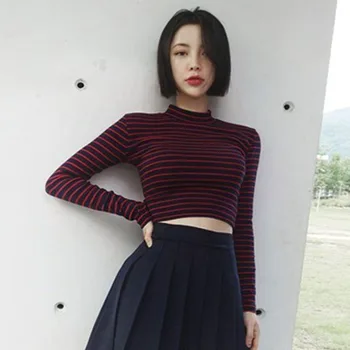 2018 korejskem Slogu Dolg Rokav T Srajce Ženska Moda Harajuku Prugasta Slim Obrezana Vrhu T-shirt
