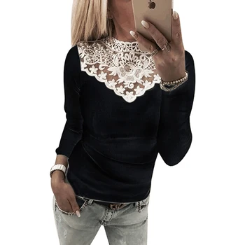 2018 Ženske Fashion Lace Majica s kratkimi rokavi O-Vratu Visoko Elastičnost Priložnostne T-shirt Ženska Dolge Rokave Slim S-XL, 3 Barve