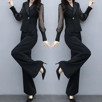 2019 Jeseni Black Urad Dva Kosa Določa Obleke, Ženske Plus Velikost Dolg Rokav Vrhovi In Širok Noge Hlače Korejski Elegantno Ujemanje Obleko