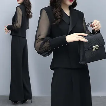 2019 Jeseni Black Urad Dva Kosa Določa Obleke, Ženske Plus Velikost Dolg Rokav Vrhovi In Širok Noge Hlače Korejski Elegantno Ujemanje Obleko