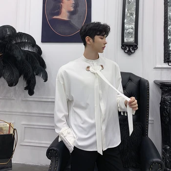 2019 Jeseni College Modni stil Edinstven design majice moške priložnostne svoboden Rese Luč rokav osebnost Črne srajce Fazi