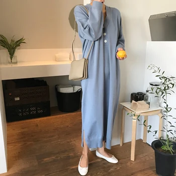 2019 Jeseni Koreja Moda za Ženske, Dolg Rokav Gumb Proti-vrat Obleke split design Svoboden Priložnostne Plesti Dolgo Obleko Visoke Kakovosti S87