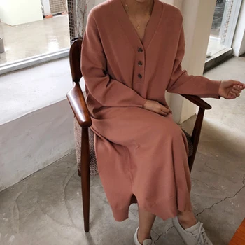 2019 Jeseni Koreja Moda za Ženske, Dolg Rokav Gumb Proti-vrat Obleke split design Svoboden Priložnostne Plesti Dolgo Obleko Visoke Kakovosti S87