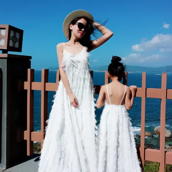 2019 nov modni Družinski Boemski Videz brez Rokavov Belo dekle Obleke Družino Ujemanje Obleke Poletje Mati Hči Obleke