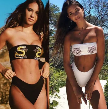 2019 Nove Kopalke Visoko Pasu Bikini Komplet Ženskih Retro Zmaj, Tiger Kopalke Bandeau, Plavanje Obleko za Ženske kopalke Črne