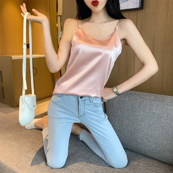 2019 Poletje Žensk Novi korejski Slim Tanko naramnico Camisole Žensk V Ovratnik Saten Gospa Moda seksi brezrokavnik ženske