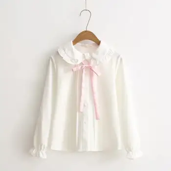 2019 Ženske Lolita bluze dekleta jeseni dolg rokav peter pan ovratnik roza bowknot belo bluzo majica Japonski šoli Vrh