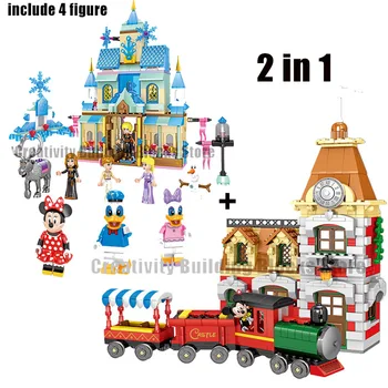 2020 Nove Disney Risani Lik Mickey Vlak + Sneg Beli Grad Model Gradnik Set otroške Igrače Dekle Darilo
