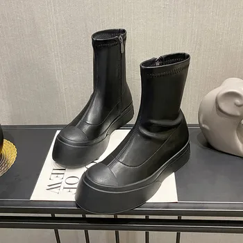 2020 nove kratke škornji ženske Krog toe retro debel edini udobno priložnostne ravno strani zadrgo modni škornji Platforma Čevlji Čevlji
