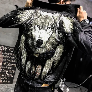2020 novi punk stil roman wolf vezenje zakovice denim jakna moški modni trend traper suknjič ulica strel moške fit črna jakna