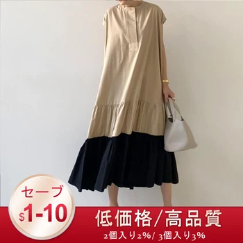 2020 Poletje Nabrano Obleko Šivanje Kratek Rokav, Dolge Obleke, Krog Vratu Žep Svoboden Japonski Priložnostne Ženske Maxi Obleke Kaki