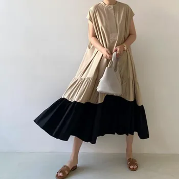 2020 Poletje Nabrano Obleko Šivanje Kratek Rokav, Dolge Obleke, Krog Vratu Žep Svoboden Japonski Priložnostne Ženske Maxi Obleke Kaki