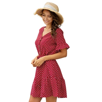 2020 Poletje Polka Dot Letnik Elegantna Mini Obleka Ženske Kratek Rokav Proti-vrat Plus Velikost Rdeče Obleke Ženska Boho Plaži Povoj Obleko