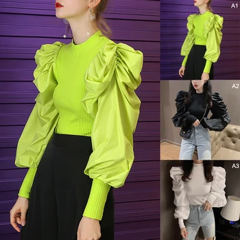 2020 Pomlad Nove Ženske Barva Ženske Bluzo Moda Naguban Ruffles Mozaik Pletene Priložnostne Dolg Rokav Bluzo Vrhovi