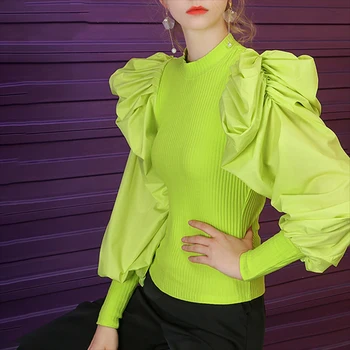 2020 Pomlad Nove Ženske Barva Ženske Bluzo Moda Naguban Ruffles Mozaik Pletene Priložnostne Dolg Rokav Bluzo Vrhovi