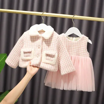 2020 Pozimi Baby Girl ' s Sladko Kariran Obleko + Jakna Toplo Puhasto Obleko Modne Krzno Ovratnik Princesa Obleko Otroci