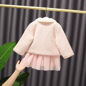 2020 Pozimi Baby Girl ' s Sladko Kariran Obleko + Jakna Toplo Puhasto Obleko Modne Krzno Ovratnik Princesa Obleko Otroci