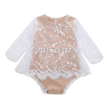 2020 Sladko Newborn Baby Dekle Kaki čipke cvet vezenje Dolg Rokav Romper Ruffles Sunsuit Jumpsuit Obleke Obleke 0-24M