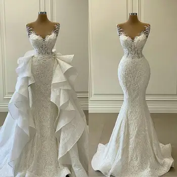 2021 Bela morska deklica Poročne Obleke s Snemljivo Vlak Ruffles Čipke Appliqued Poročne Halje Plus Velikost Vestidos de novia