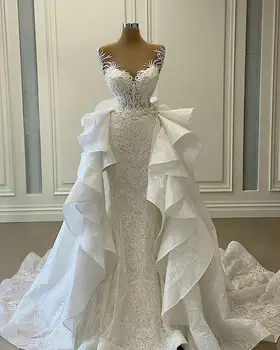 2021 Bela morska deklica Poročne Obleke s Snemljivo Vlak Ruffles Čipke Appliqued Poročne Halje Plus Velikost Vestidos de novia