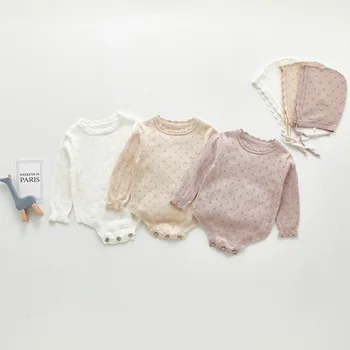 2021 Pomlad Pletenje Babywear Moda Novorojenega Dojenčka Baby Set Bodysuit+Klobuk 2pcs Bombaž Jumpsuit Trdna Baby pleteninah