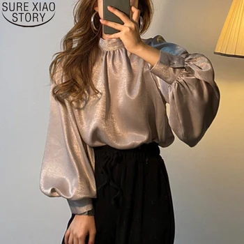 2021 Pomlad Puff Rokav Beli Vrhovi Korejskem Slogu Modne Ženske Saten Bluzo Z Dolgimi Rokavi Urad Dama Bluze Blusas Elegantno