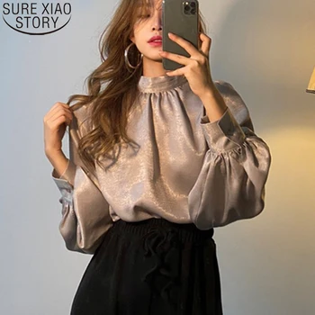 2021 Pomlad Puff Rokav Beli Vrhovi Korejskem Slogu Modne Ženske Saten Bluzo Z Dolgimi Rokavi Urad Dama Bluze Blusas Elegantno