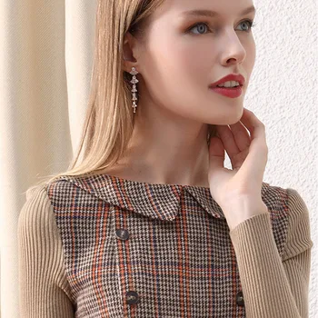 2021 Ženske Vintage Obleko zimo dolgo rokav Volnene Mozaik Pleteno Rokavi Visoko Pasu Pleat Rjave Obleke A-Line Laidies Nova