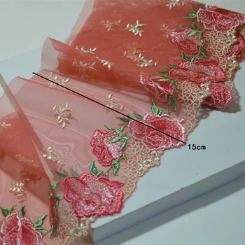 2Y/veliko 15 cm Prozorne Roza Gaza Fluorescentno Roza Cvetlični Vezenine, Čipke Trim z Design za Poroke, Poročne in Oblačilo