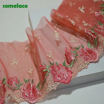 2Y/veliko 15 cm Prozorne Roza Gaza Fluorescentno Roza Cvetlični Vezenine, Čipke Trim z Design za Poroke, Poročne in Oblačilo