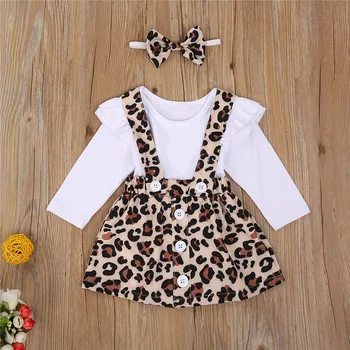 3 KOS Baby Girl Oblačenja Nastavite Long Sleeve Solid Color Vrh+Leopard Tiskanja Gumb Kratko Krilo+Lok Hairband 0-24M