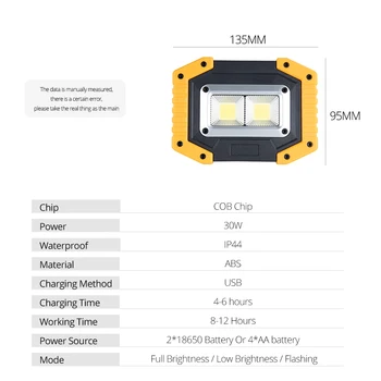 30W LED delovna Luč Prenosna LED Žaromet 5V USB za Polnjenje 3 Načini Reflektor Reflektor Svetilka Zunanja Razsvetljava v Sili