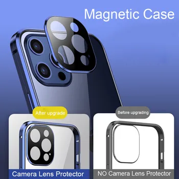 360 Magnetni Adsorpcije, Kovinsko Ohišje za iPhone Mini 12 12 11 Pro XR X XS Max Dvojno Stranicami steklen Pokrov Objektiva Kamere Zaščitnik Film