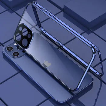 360 Magnetni Adsorpcije, Kovinsko Ohišje za iPhone Mini 12 12 11 Pro XR X XS Max Dvojno Stranicami steklen Pokrov Objektiva Kamere Zaščitnik Film
