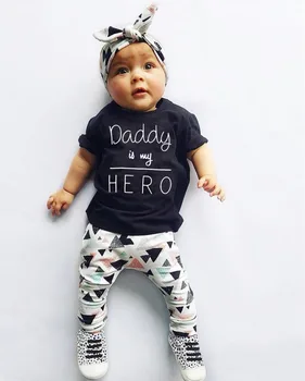 3Pcs Poletje Baby Girl Obleke Novorojenčka Kratek Rokav Očka Je Moj Junak Obleke Komplet za Malčke Baby Toddler Dekliška Oblačila Sklop