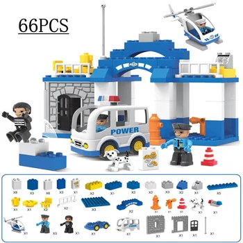 66PCS City Policijska Postaja Urad Velikih Delcev Duploed gradniki Mesto Policist Številke Avtobus Helikopter Opeke Otroci Igrače