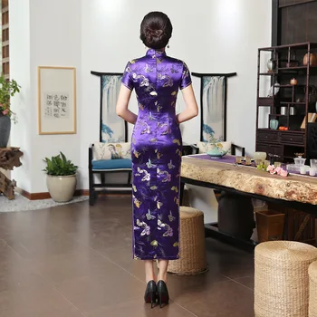6Color Kitajske Obleke Vzorec Saten Svila Dolgo Cheongsam Vijolično Metulj Tiskanje Kratek Rokav Tang Kostum Poletje Izboljšano 3XL