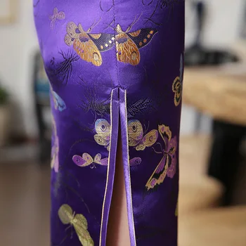 6Color Kitajske Obleke Vzorec Saten Svila Dolgo Cheongsam Vijolično Metulj Tiskanje Kratek Rokav Tang Kostum Poletje Izboljšano 3XL
