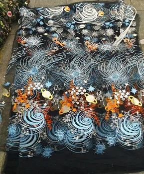 Afriške čipke tkanine 1 dvorišče težka vezene til tkanine, čipke z multi-barve zvezd, deluxe vezenje črne očesa tkanine, čipke