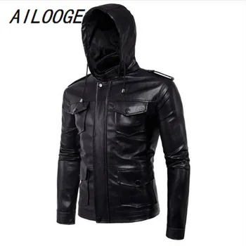 AILOOGE Nove Evrope in Amerike Moške hooded motoristična usnjena jakna Jeseni Multi-žep Black PU usnjeno jakno plašč Velika Velikost