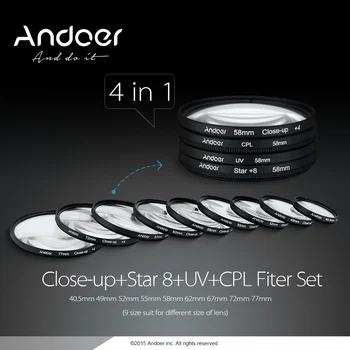 Andoer 58mm UV+CPL+Close-Up+4 +Star 8-Točka Filter Okrogli Filter Komplet za Nikon Canon Pentax Sony DSLR Fotoaparat