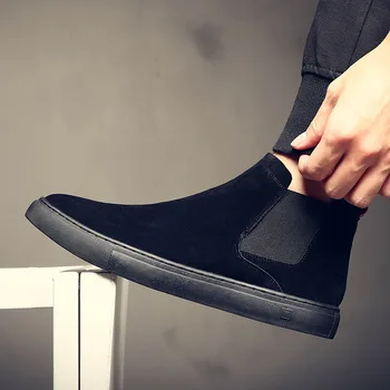 Anglija načrta mens moda chelsea škornji krava antilop usnja čevlji črni slip-on čevelj ravno platformo gleženj boot sapatos botas moški