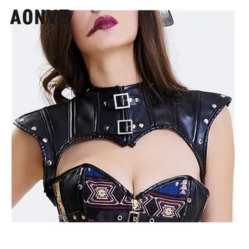 Aonve Steampunk Korzet Pribor Gothic Ramenski Trak Ženske Korse Črna Umetno Usnje Corsage Femme Punk Goth Oblačila S-2XL